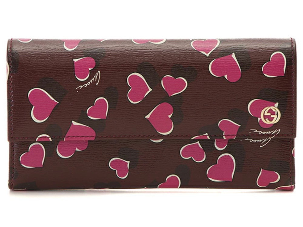 Gucci Heartbeat Zip Long Wallet Bordeaux Purple Brown Leather
